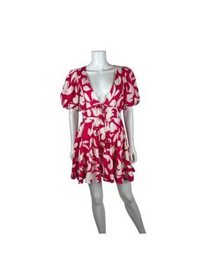 House of Harlow 1960 Hot Pink Linen Dress Womens Size 10 Puff Sleeves Plunge Nec